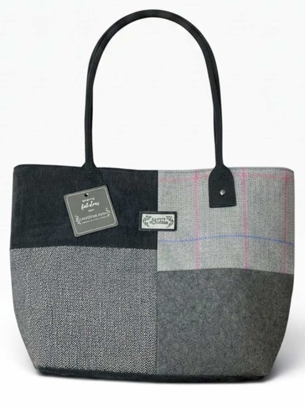 EARTH SQUARED Tote Bag/ Purse Scottish Tweed Patchwork Gray Pink Fair Trade NWT - Picture 2 of 12